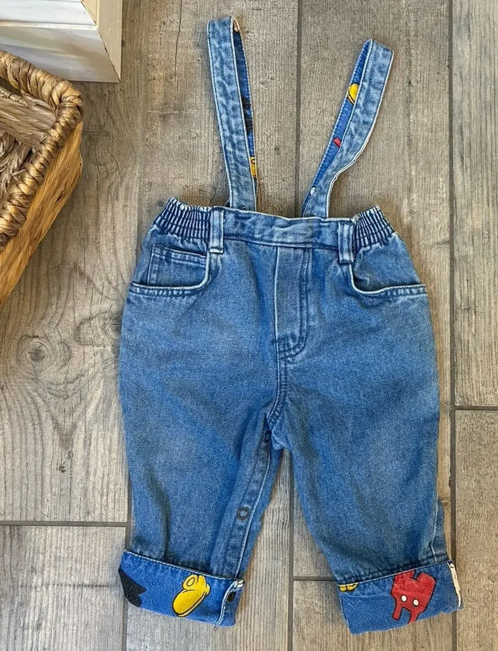 Vintage 90s Baby Mickey & Co Disney Denim Overalls Character Cuff 12M